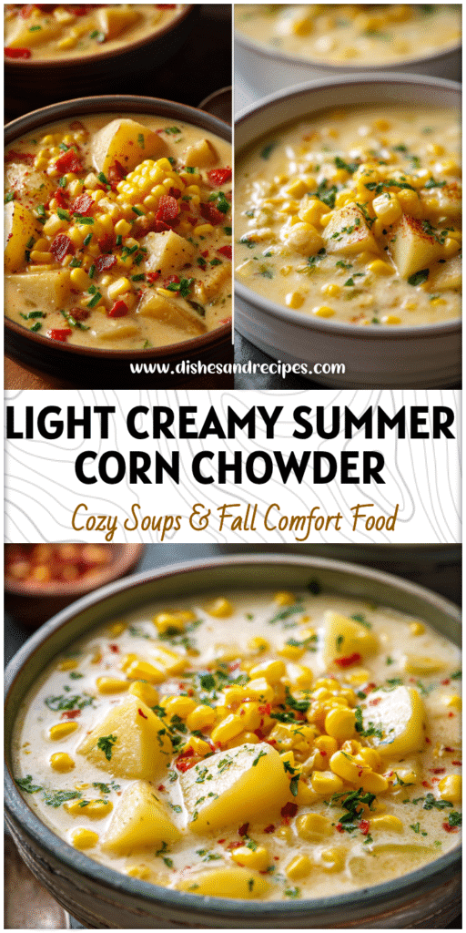 Bowl of Summer Corn Chowder (Light) filled with fresh corn, potatoes, and creamy broth.